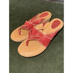 Fossil Leather Slip On Strappy Red Wedge Cork Sandal Size 8 38 EU‎ Summer Shoe